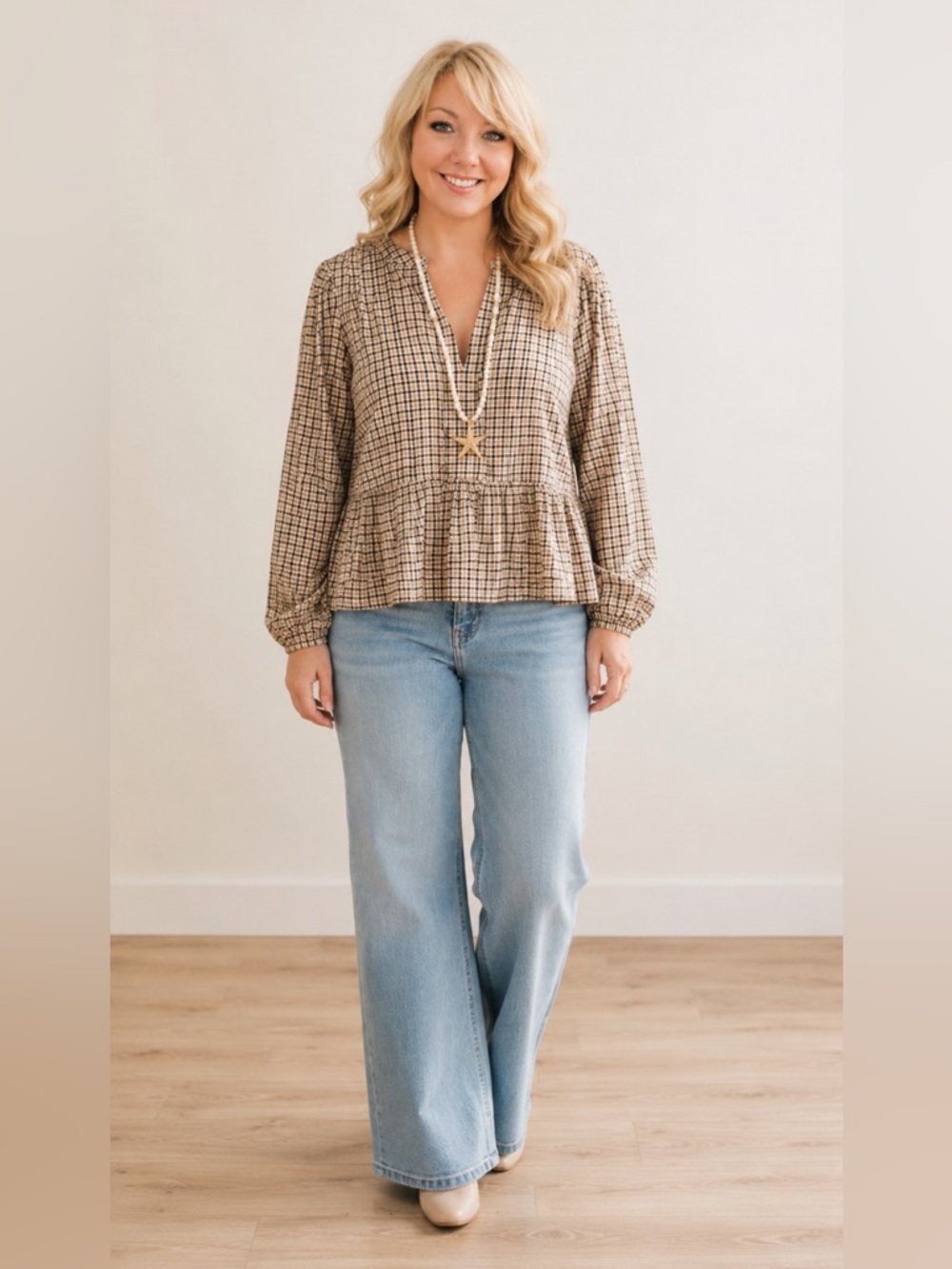 LOFT Outlet Plaid Peplum Long-Sleeve Top in Beige NEW